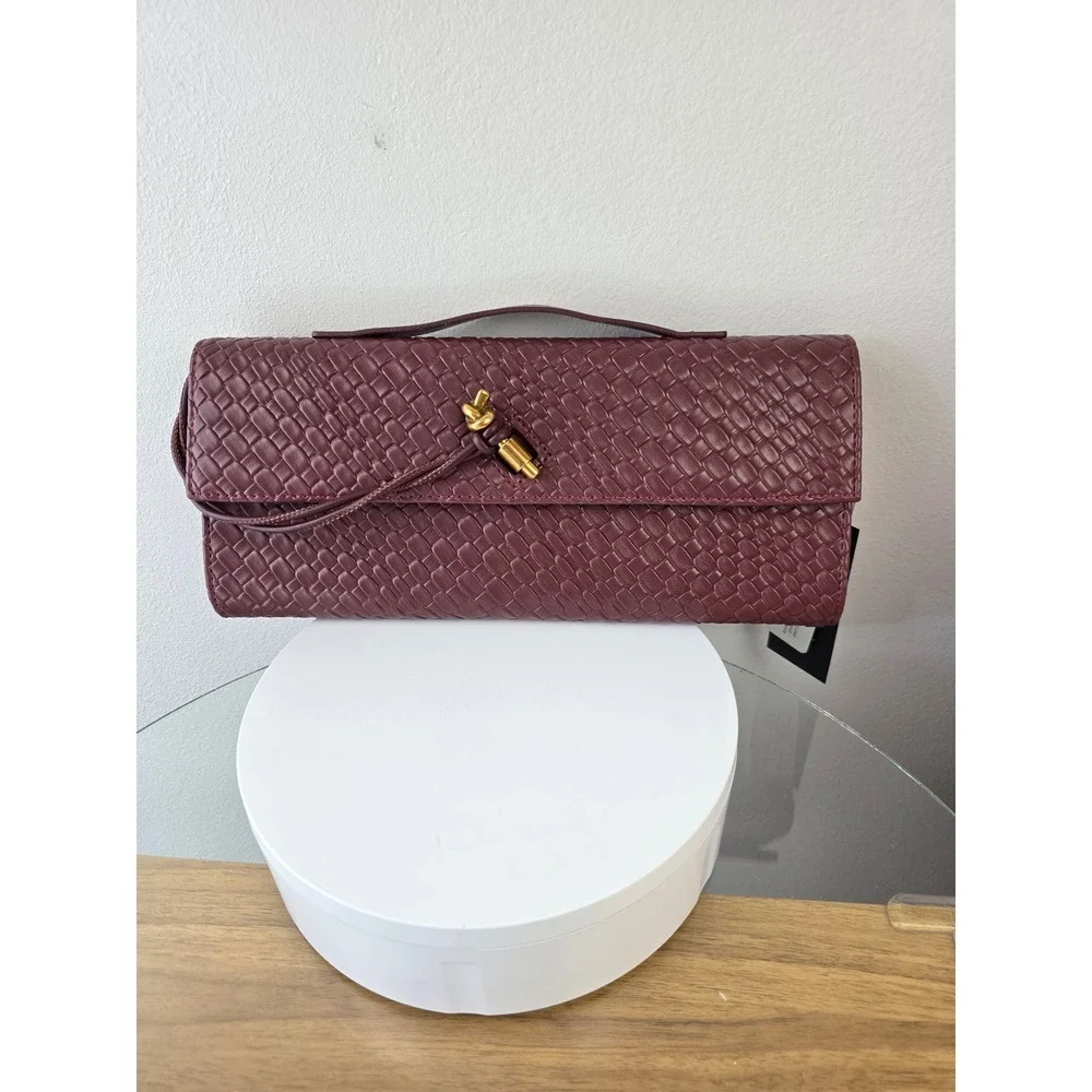 Woven Burgundy Vegan Leather Crossbody Clutch Bag with Knot Lock New